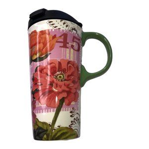 New Ceramic Travel Tumbler Coffee Tea Mug Cup, Tall, w Handle Lid Floral Flowers